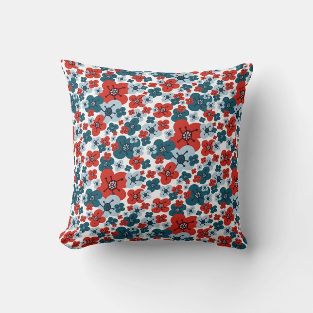 Whimsical Blue, Red and White Flower Pattern Throw Pillow (Front)