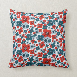 Whimsical Blue, Red and White Flower Pattern Throw Pillow