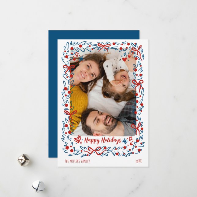 Whimsical blue red Christmas Photo Card wreath (Front/Back In Situ)