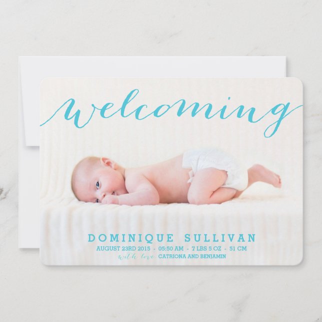 Whimsical Blue Script Photo Birth Announcement (Front)