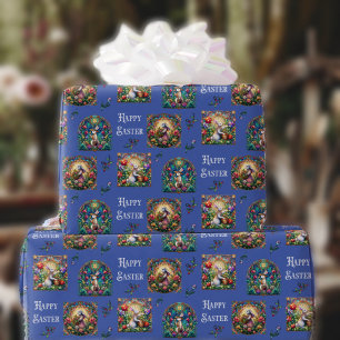 Whimsical Blue Stained Glass Easter Bunny Pattern Wrapping Paper