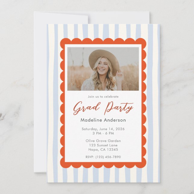 Whimsical Blue Stripes Graduation Party Photo Invitation (Front)