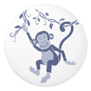 Whimsical blue swinging monkey art doorknob ceramic knob