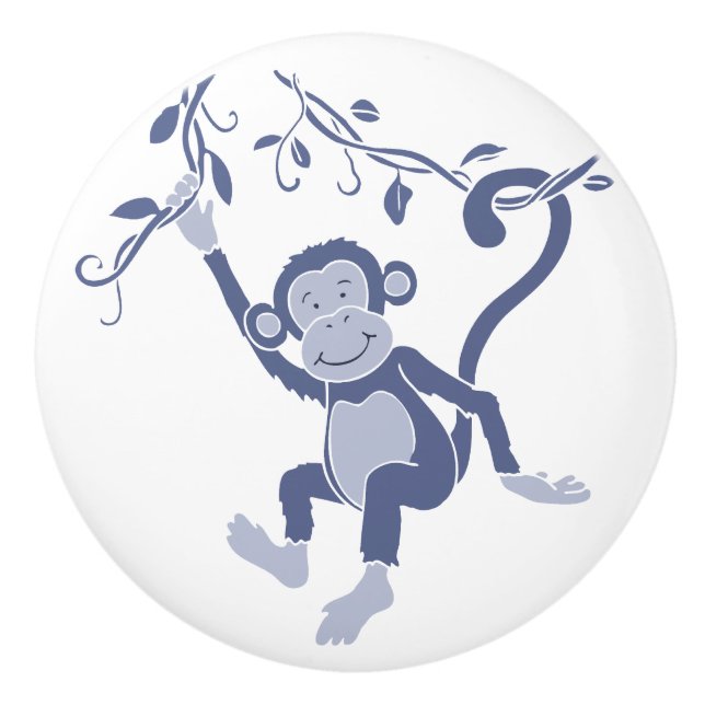 Whimsical blue swinging monkey art doorknob ceramic knob (Front)