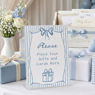 Whimsical Blue Watercolor Bow Stripe Baby Shower Pedestal Sign