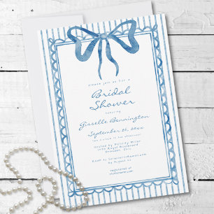 Whimsical Blue Watercolor Bow Stripe Bridal Shower Invitation