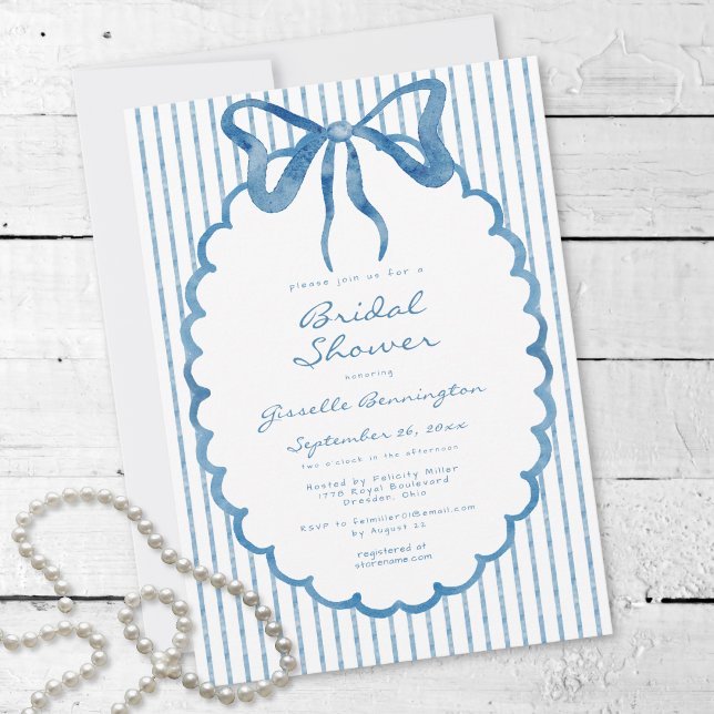 Whimsical Blue Watercolor Bow Stripe Bridal Shower Invitation (Whimsical Blue Watercolor Bow Stripe Bridal Shower Invitation)