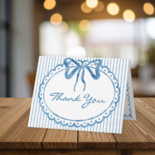 Whimsical Blue Watercolor Bow Stripe Photo Wedding Thank You Card