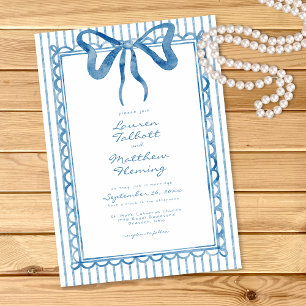 Whimsical Blue Watercolor Bow Stripe Wedding Invitation