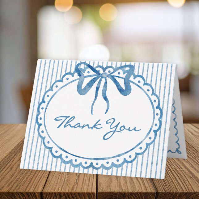 Whimsical Blue Watercolor Bow Stripe Wedding Thank You Card (Whimsical Blue Watercolor Bow Stripe Wedding Thank You Card)