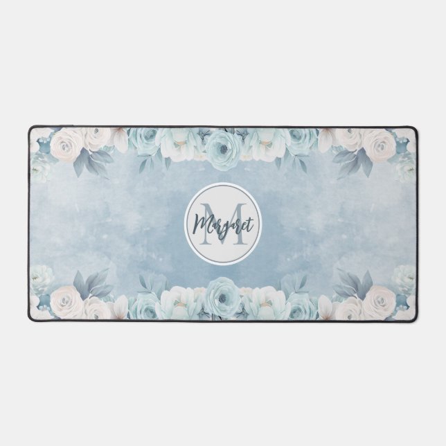 Whimsical Blue Watercolor Floral Monogram | Name Desk Mat (Front)