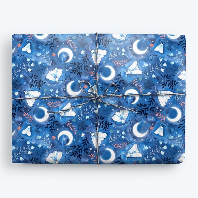 Whimsical Blue Watercolor Moths and Moon Wrapping Paper (Creator Uploaded)