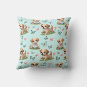 Whimsical Blue Watercolor Puppies and Butterflies Throw Pillow