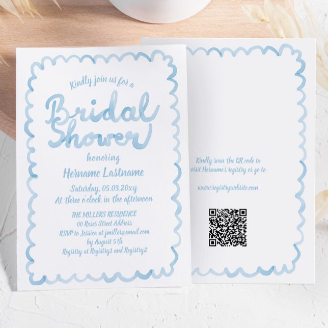 Whimsical Blue Watercolor QR Code Bridal Shower Invitation (Creator Uploaded)