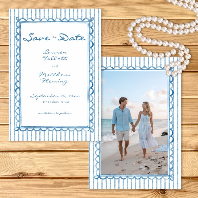Whimsical Blue Watercolor Stripe Photo Wedding Save The Date (Whimsical Blue Watercolor Stripe Photo Wedding Save The Date)