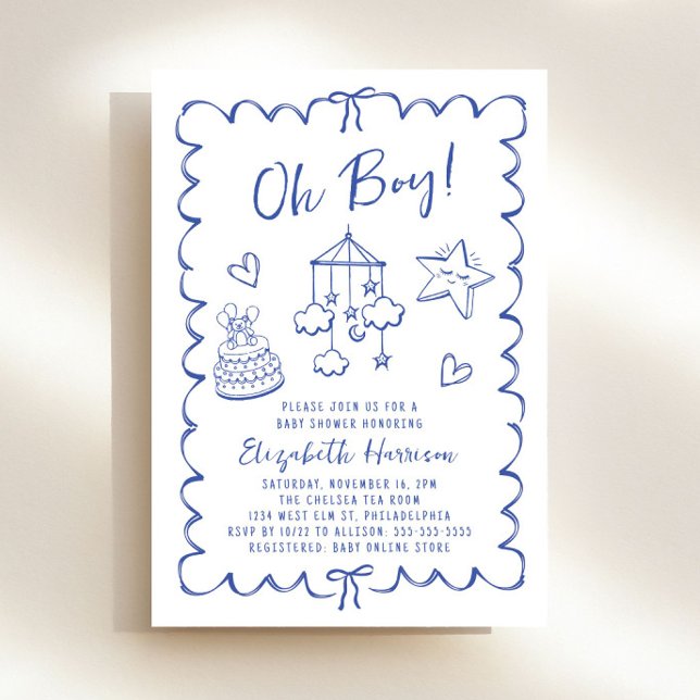 Whimsical Blue Wavy Frame Baby Boy Shower Invitation (Creator Uploaded)