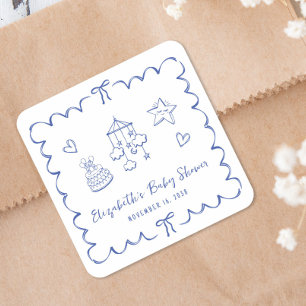 Whimsical Blue Wavy Frame Baby Boy Shower Square Sticker