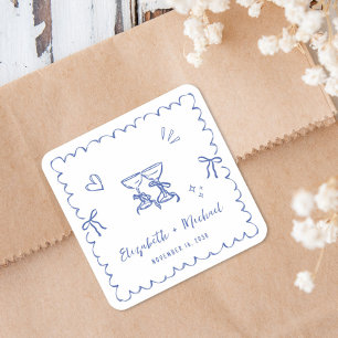 Whimsical Blue Wavy Frame Wedding Square Sticker