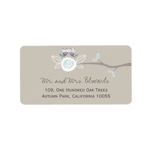 Whimsical Blue Wedding Owls On Tree Branch Address Label (Front)