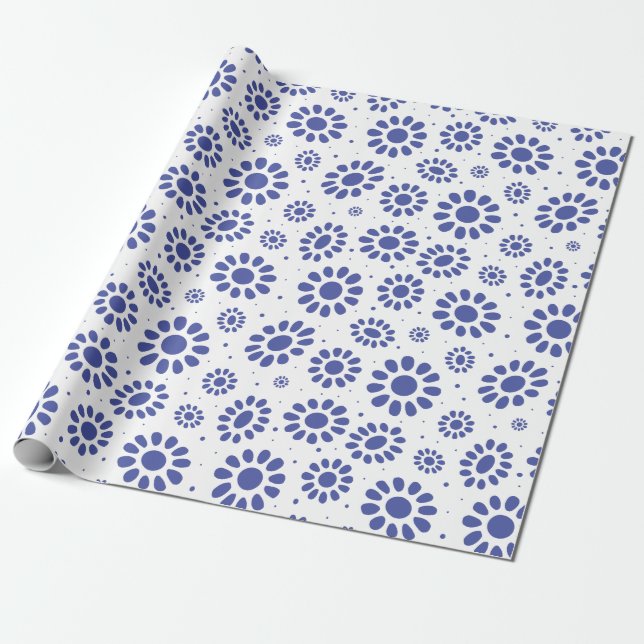 Whimsical Blue White Abstract Daisy Pattern Wrapping Paper (Unrolled)