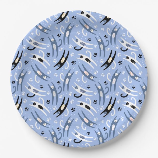 Whimsical Blue White Black Cartoon Cat Pattern Paper Plate (Front)