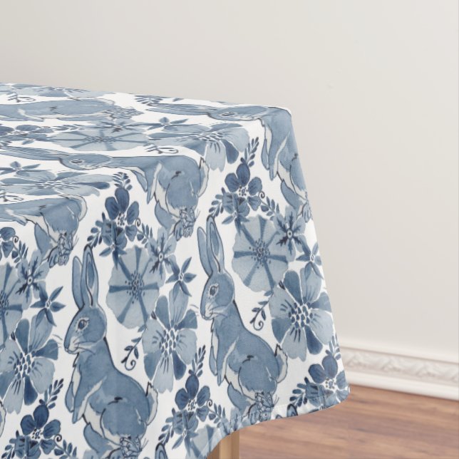 Whimsical Blue White Bunny Rabbit Floral Pattern Tablecloth (In Situ)