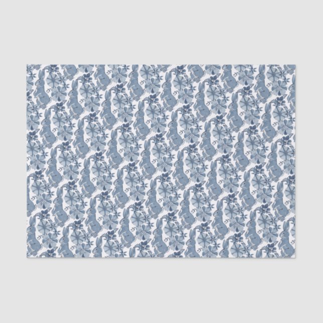 Whimsical Blue White Bunny Rabbit Floral Pattern Tissue Paper (Front)