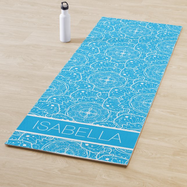 Whimsical Blue White Mandala Pattern Personalized Yoga Mat (In Situ)