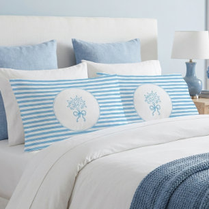 Whimsical Blue White Stripe Preppy Floral Pillowcase