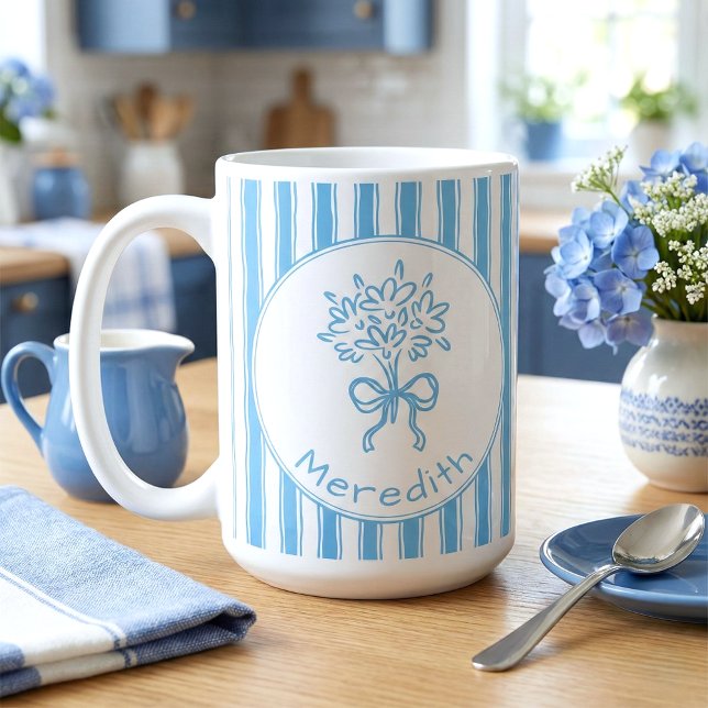 Whimsical Blue White Stripe Preppy Monogram Coffee Mug (Creator Uploaded)