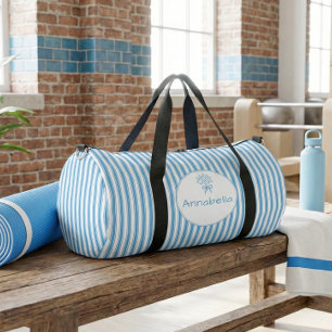 Whimsical Blue White Stripe Preppy Monogram Duffle Bag