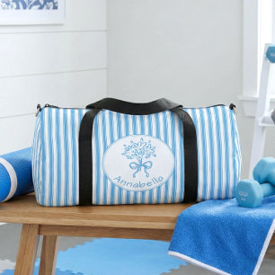 Whimsical Blue White Stripe Preppy Monogram Duffle Bag