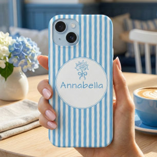 Whimsical Blue White Stripe Preppy Monogram iPhone 15 Case