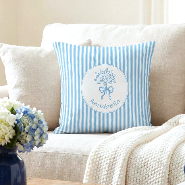 Whimsical Blue White Stripe Preppy Monogram Throw Pillow (Creator Uploaded)