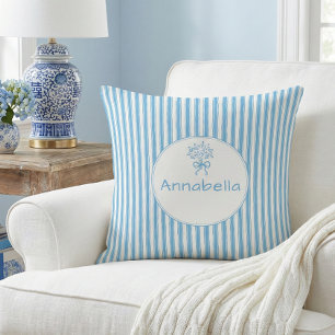 Whimsical Blue White Stripe Preppy Monogram Throw Pillow