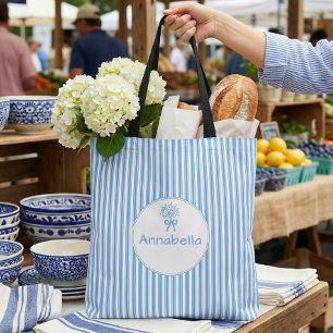 Whimsical Blue White Stripe Preppy Monogram Tote Bag