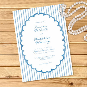 Whimsical Blue White Watercolor Stripe Wedding Invitation