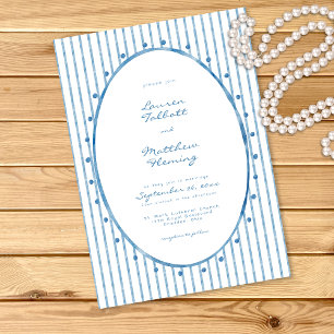 Whimsical Blue White Watercolor Stripe Wedding Invitation