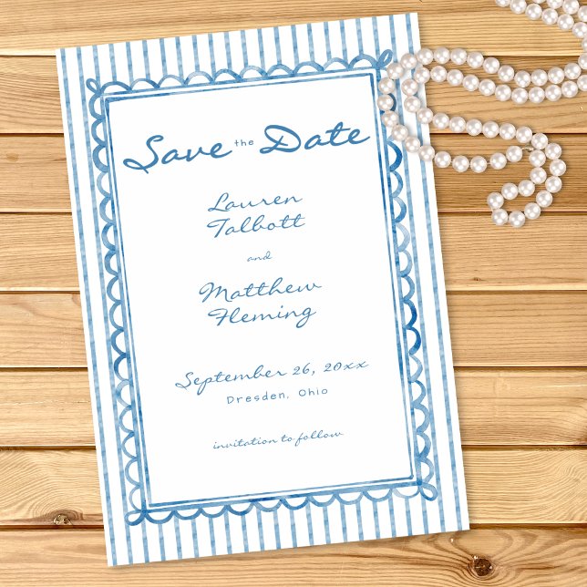 Whimsical Blue White Watercolor Stripe Wedding Save The Date (Whimsical Blue White Watercolor Stripe Wedding Save The Date)