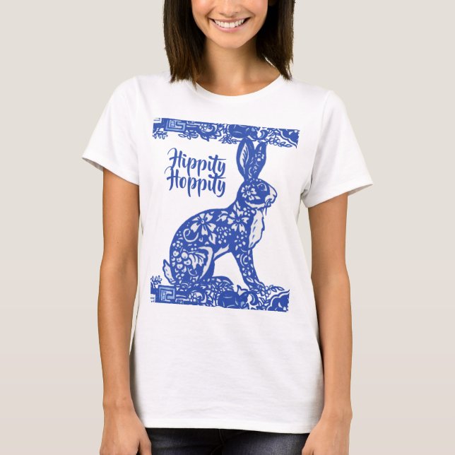 Whimsical Blue Willow Bunny Rabbit Spring T-Shirt (Front)
