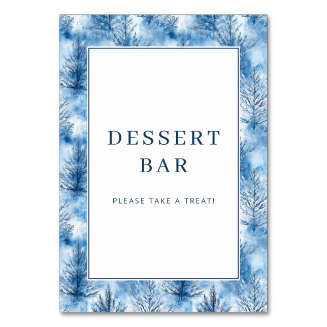 Whimsical Blue Winter Tree Border Table Number (Front)