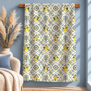Whimsical Blue Yellow Lemon Tile Floral Blanket De