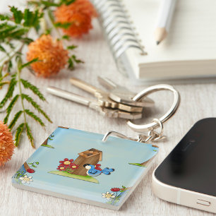 Whimsical Bluebird and Birdhouse Cute Spring Keychain