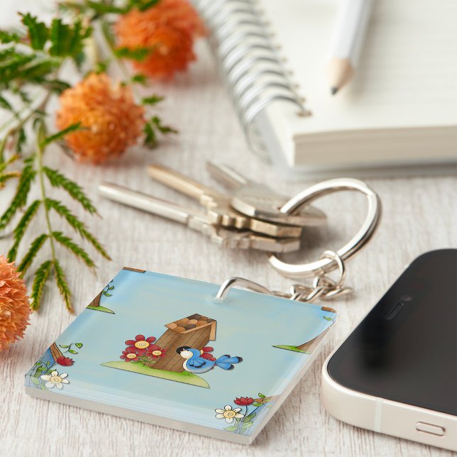 Whimsical Bluebird and Birdhouse Cute Spring Keychain (Creator Uploaded)