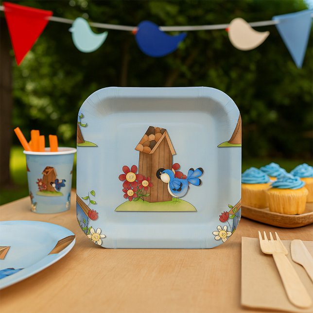 Whimsical Bluebird and Birdhouse Cute Spring Paper Plate (Creator Uploaded)