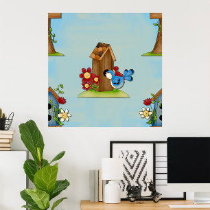 Whimsical Bluebird and Birdhouse Cute Spring Poster