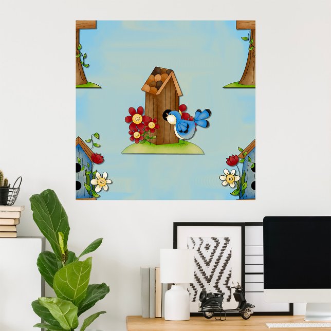 Whimsical Bluebird and Birdhouse Cute Spring Poster (Creator Uploaded)