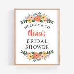 Whimsical Blush Coral Floral Bridal Shower Welcome Poster<br><div class="desc">Wedding bridal shower welcome poster / sign features stylish text framed by a whimsical summer or fall floral wreath design with colourful watercolor flowers, leaves, and greenery in shades of blush pink, golden yellow, coral, orange red, violet purple, and green. Includes stylish custom text that can be personalized with the...</div>