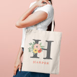 Whimsical Blush Coral Floral Personalized Monogram Tote Bag<br><div class="desc">Elegant custom tote bag features a whimsical fall floral bouquet design with colourful watercolor flowers, leaves, and greenery in shades of blush pink, golden yellow, coral orange red, and green. Personalize the dark grey and orange red text with a first name and initial. Makes a unique gift for your bridesmaids...</div>