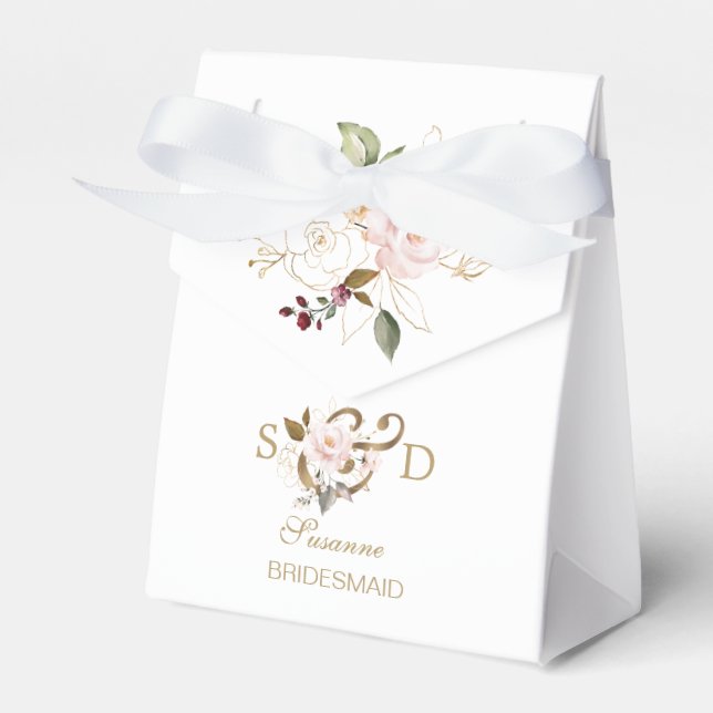 Whimsical Blush Gold Flowers Monogram Wedding Favor Box (Front Side)